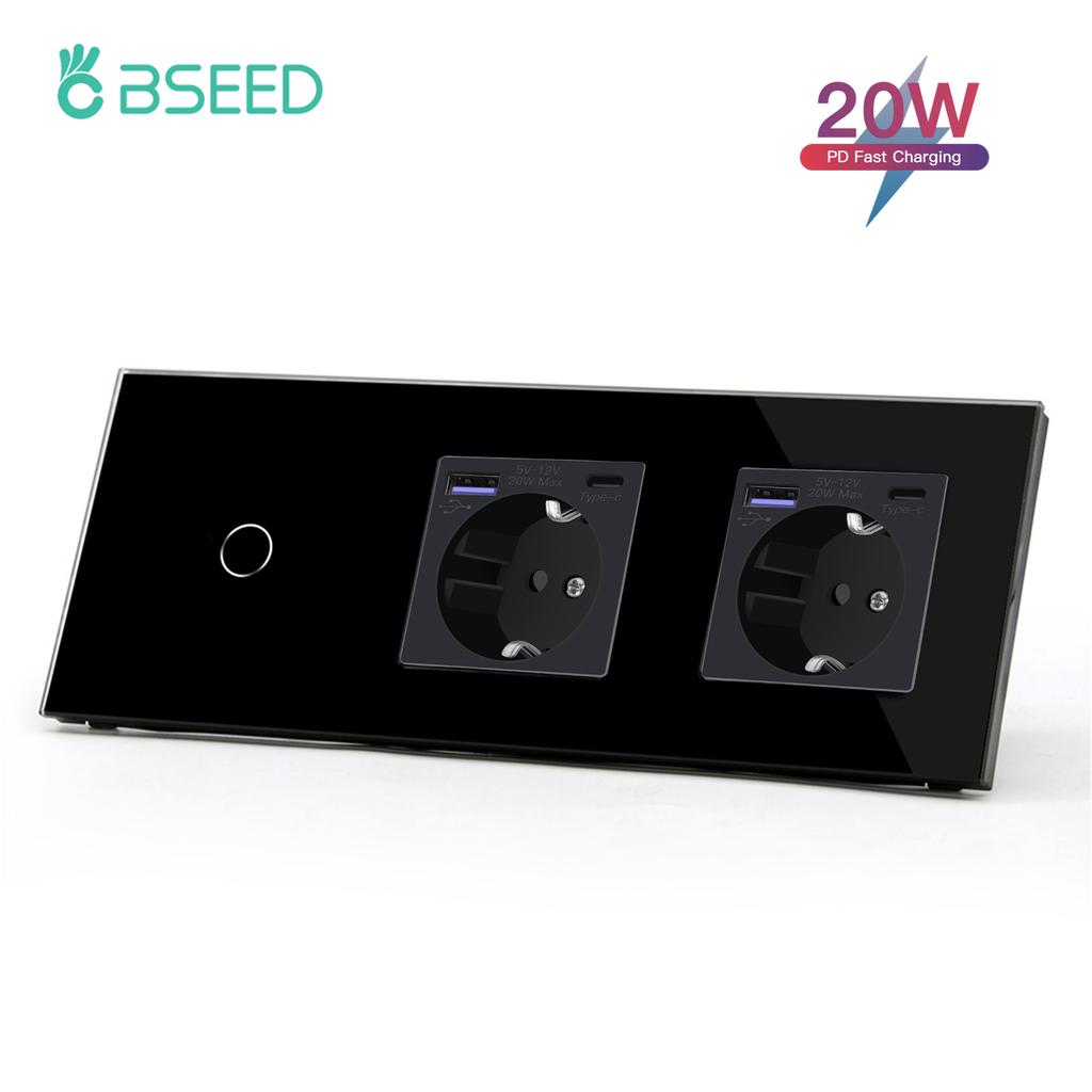 BSEED Touch Switch 1/2/3Gang With Double EU Sockets Fast Charge 20W Power Delivery USB Type-c Wall Socket Blue Backlight