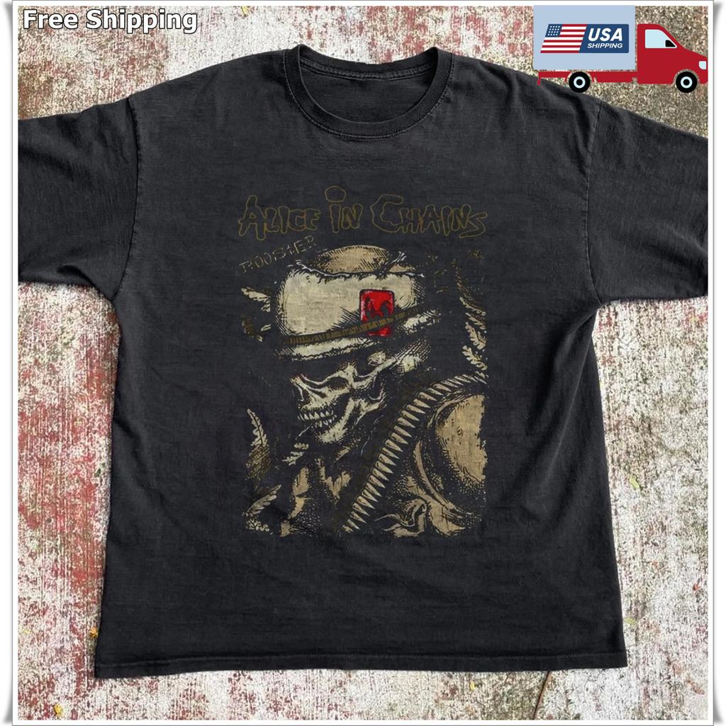 Alice In Chains Rooster Military Skull Unisex Black T-shirt, Size S-5XL
