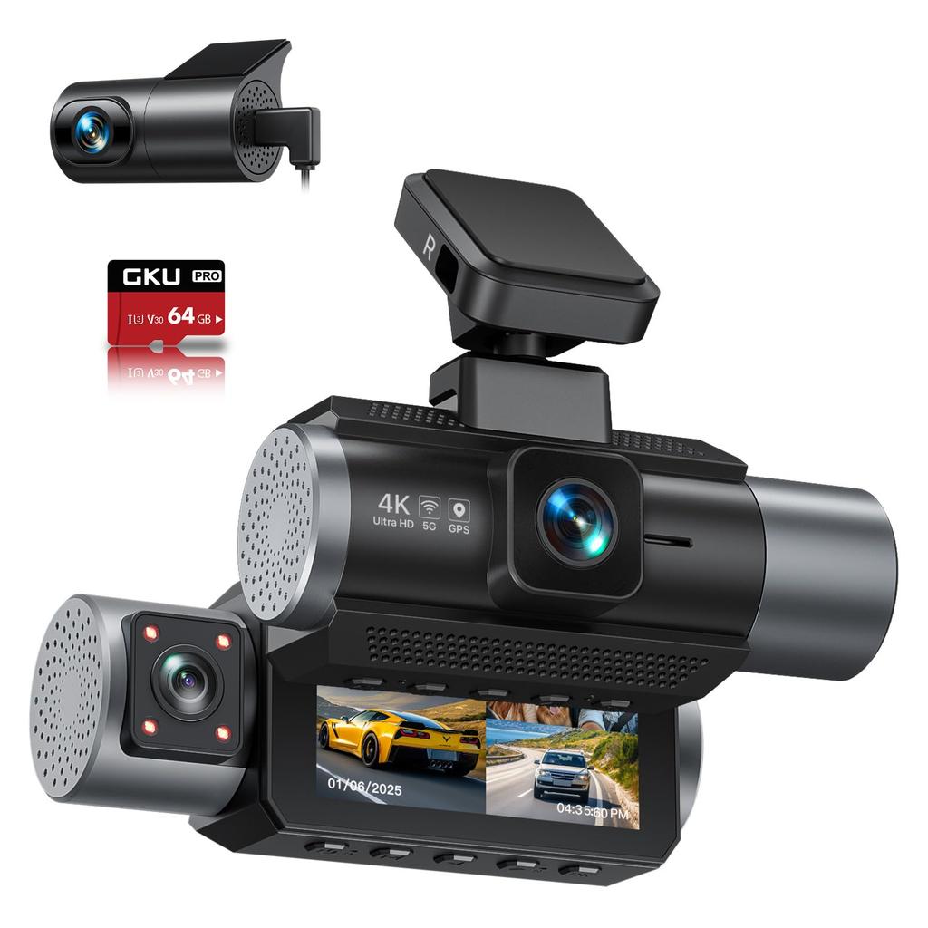GKU 4K Dash Cam with 5GHz IPS Display with Front and Rear Integrated Simultaneous Recording of Interior and Exterior Infrared Night Parking Emergency
