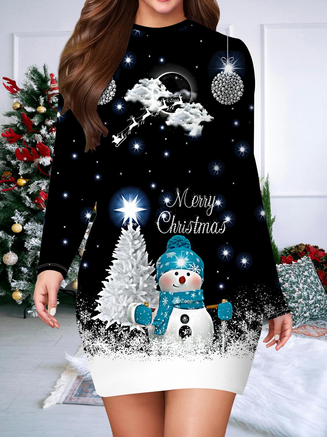 

2025 Осень и Зима Новое Женское Платье в Облипку, 3D Рождественская Печать и Крашение Женская Мода Длинный Рукав Круглый Вырез Сексуальное Платье в Облипку XXL чёрный