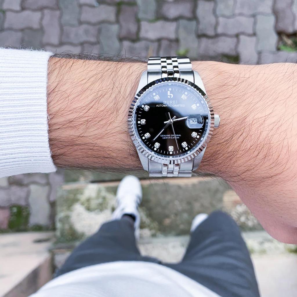 BUREI Men's Automatic Watch Waterproof Analog Date Mechanical Popular Male Brand Stylish Wristwatch Simple Casual Silver Black Watch