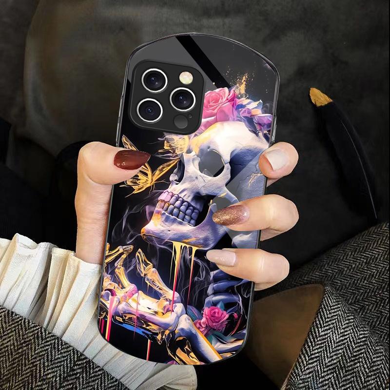 Skeleton Skull Flower For IPhone 16 Pro Max 11 12 Mini 13 14 P Lus 15 Plus 7 8 Se 2020 X Xs Elliptical Tempered Glass Phone Case