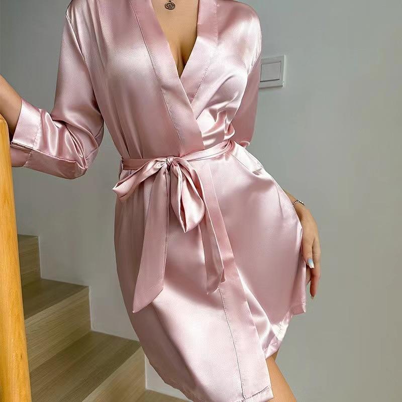 Solid Satin Night Robe Long Sleeve V Neck Robe With Belt Women's Sleepwear