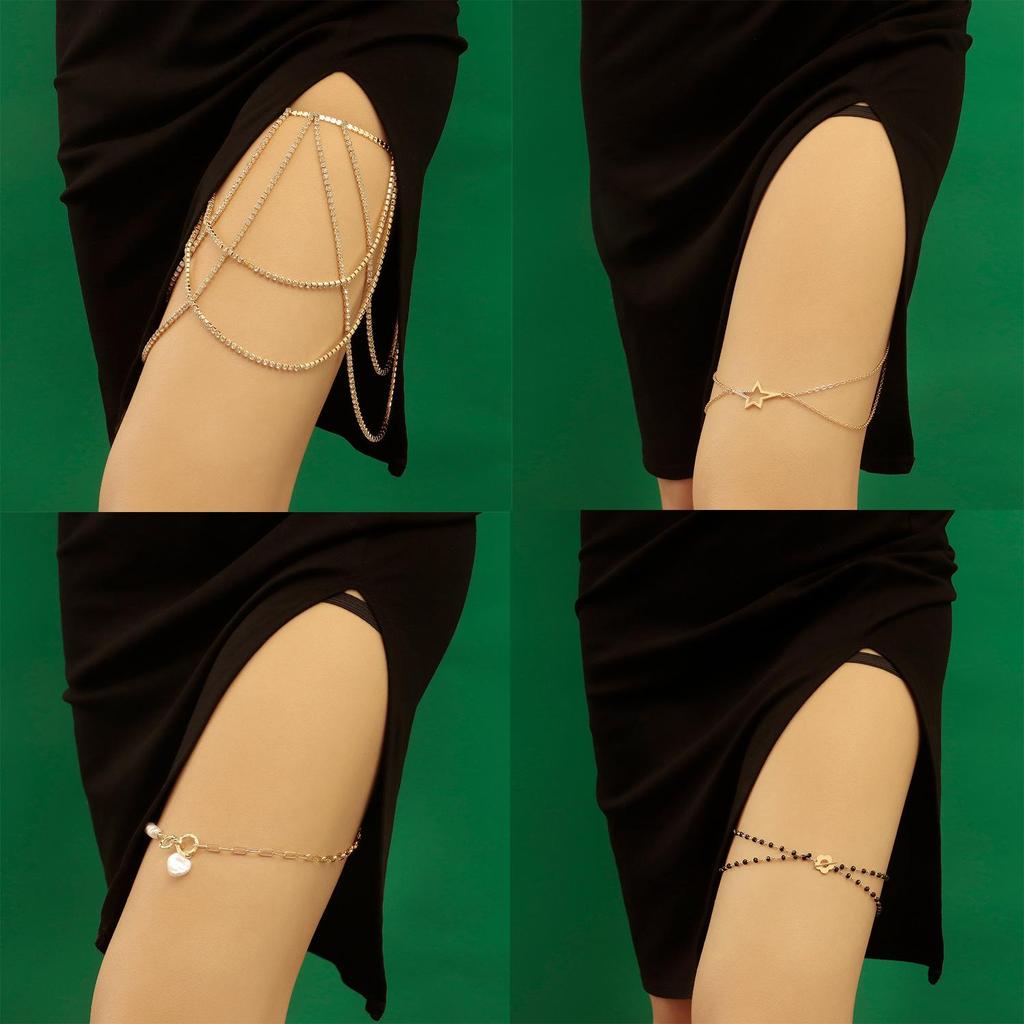 Sweet and Sexy Rhinestone and Pearl Elastic Beach Leg Chain