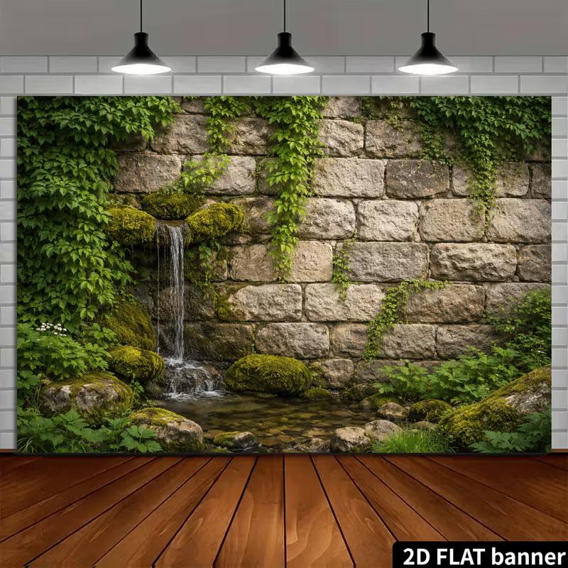 2D Enchanted Stone Wall Waterfall Photography Background