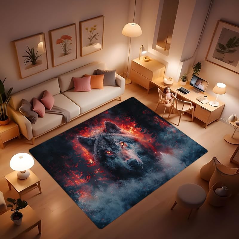 Wolf print pattern area rug, howling wolf under the moon plush area rug, suitable for living room bedroom dining room entrance