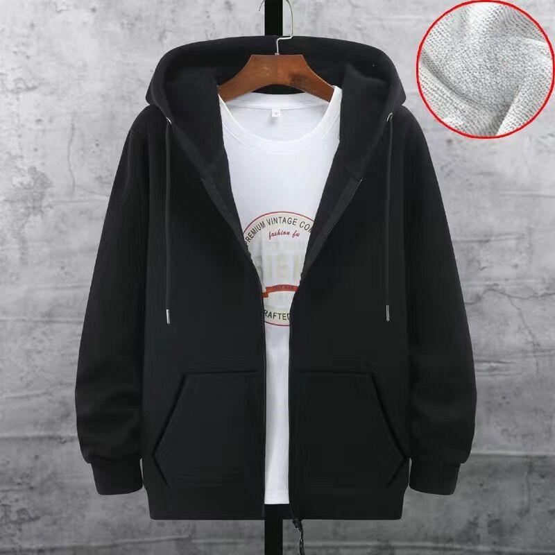 Fall Winter Men Coat Zip-up Long Sleeves Elastic Cuff Thick Plus Size Drawstring Plush Solid Color Loose Pockets Daily Sport Hoodie