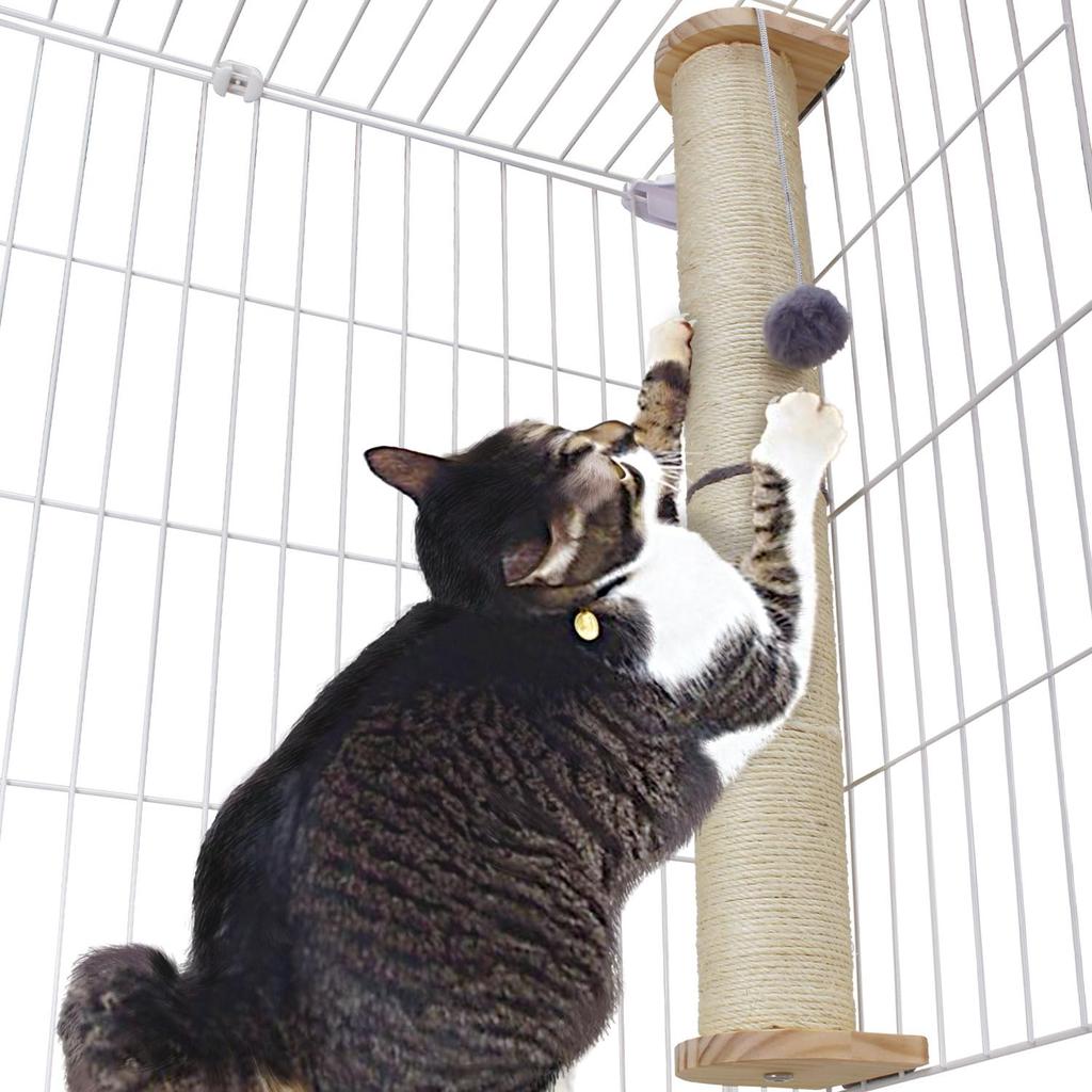 POOKIE Cat Cage Scratcher, Long, with Toy and Interchangeable Pole, Stress Relief, Wooden, with Tools, for Cages (Full Set)