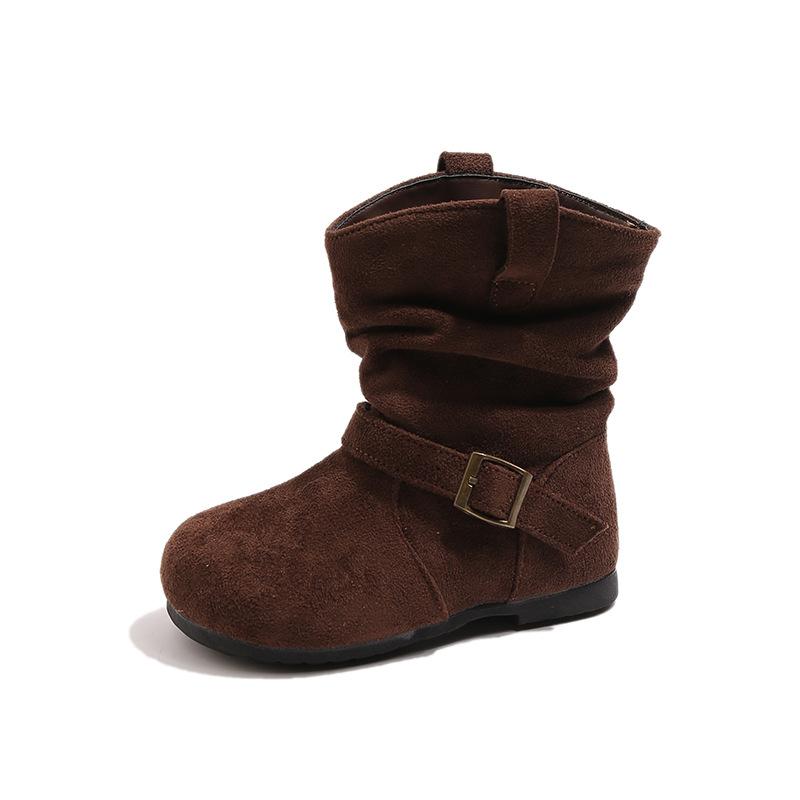 Kids Girls Retro French Style Suede Slouchy Mid Calf Slip On Boots
