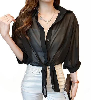SANYIN Sheer Loose Solid for UV Chiffon Sleeves Women's Cardigan, Lightweight, Fit, Color, Spring/Summer, Protection, Sunscreen, Top, 3/4 (Black)