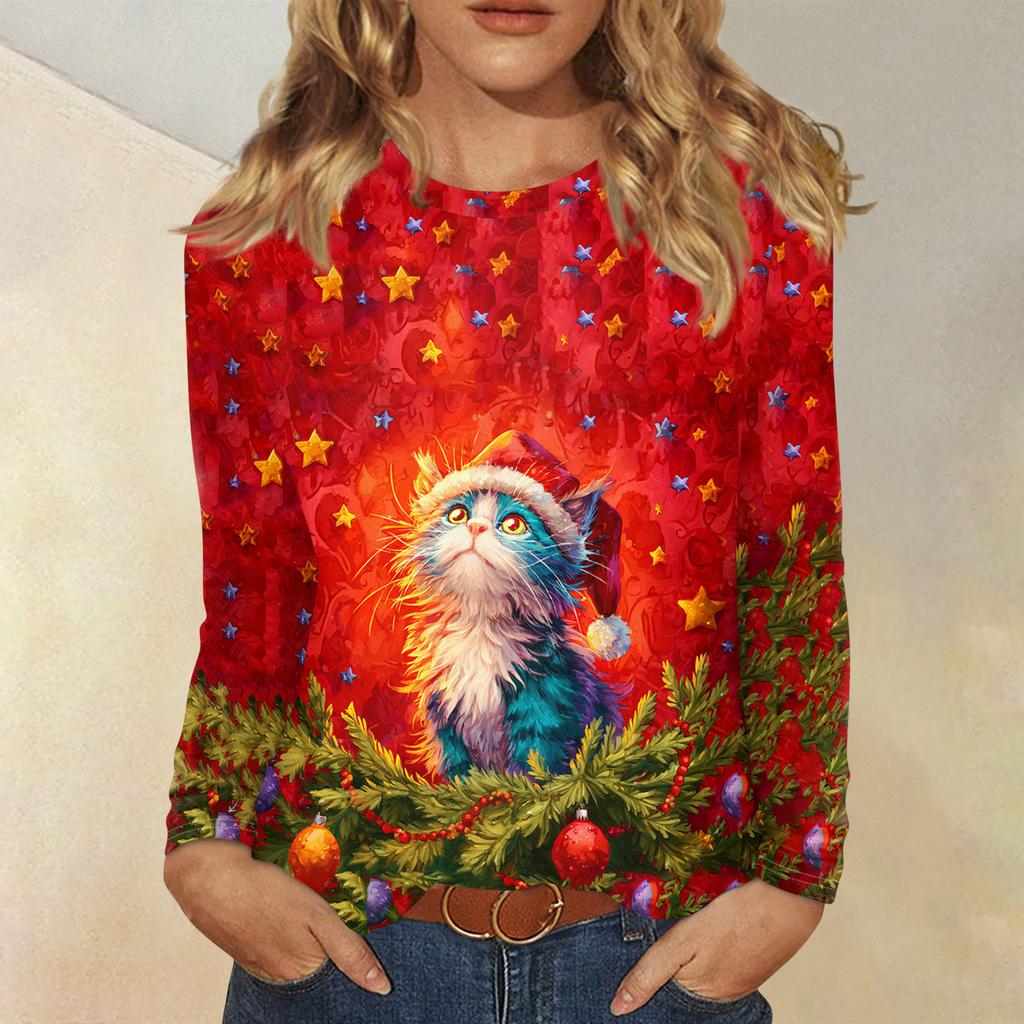 Langermede skjorter for kvinner Søt trykk grafisk t-skjorte Bluser Uformell Pluss størrelse Basic Topper Pullover