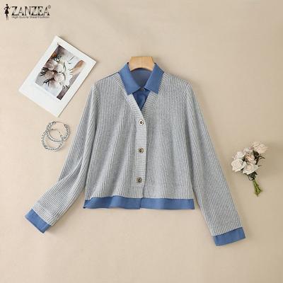 Women Splice Turn Down Collar Casual Long Sleeve Button Blouse