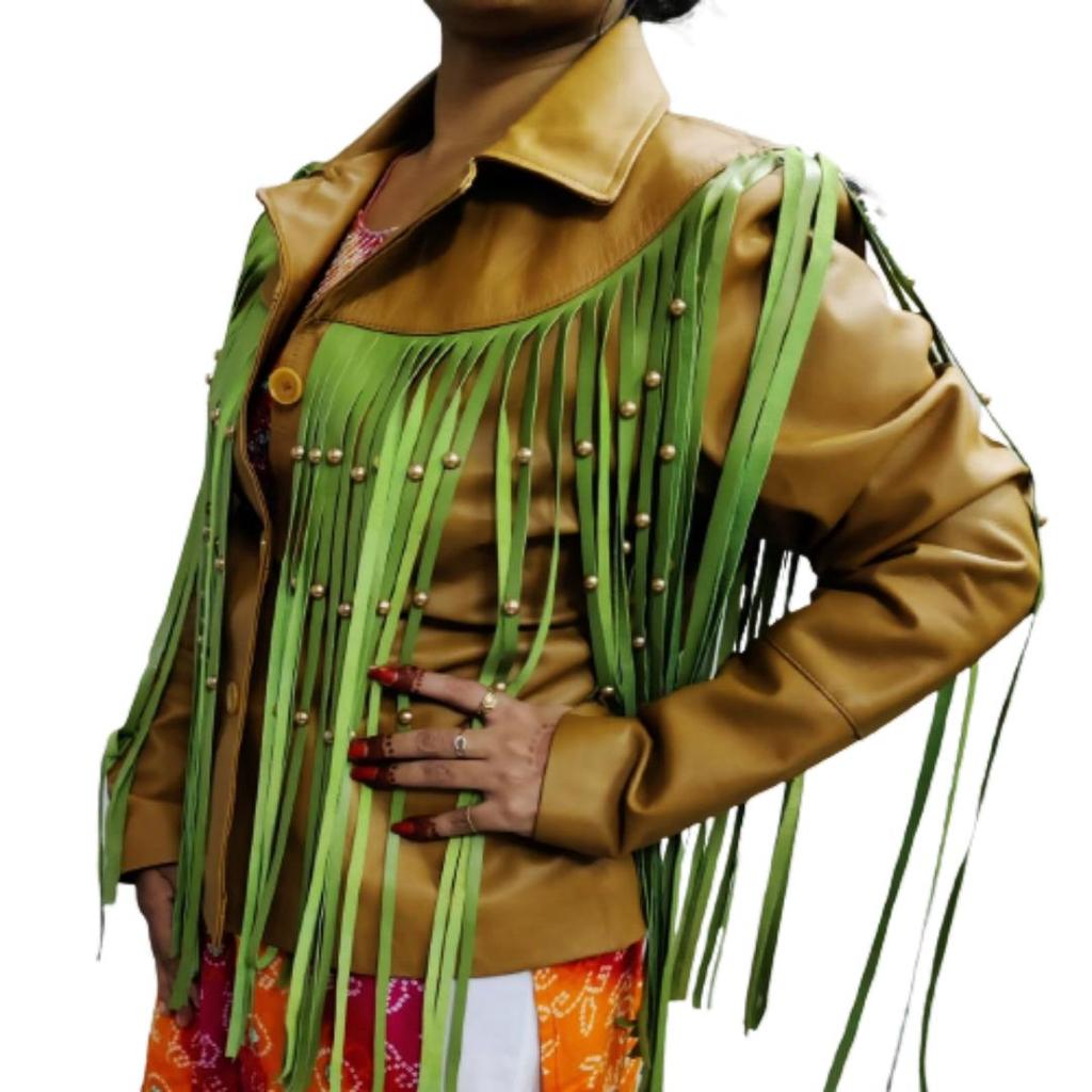 NOORA Womens Lambskin Leather Beige & Light Green Color Jacket | Motor Biker Fringe Style Jacket | Beautiful Gift For Her