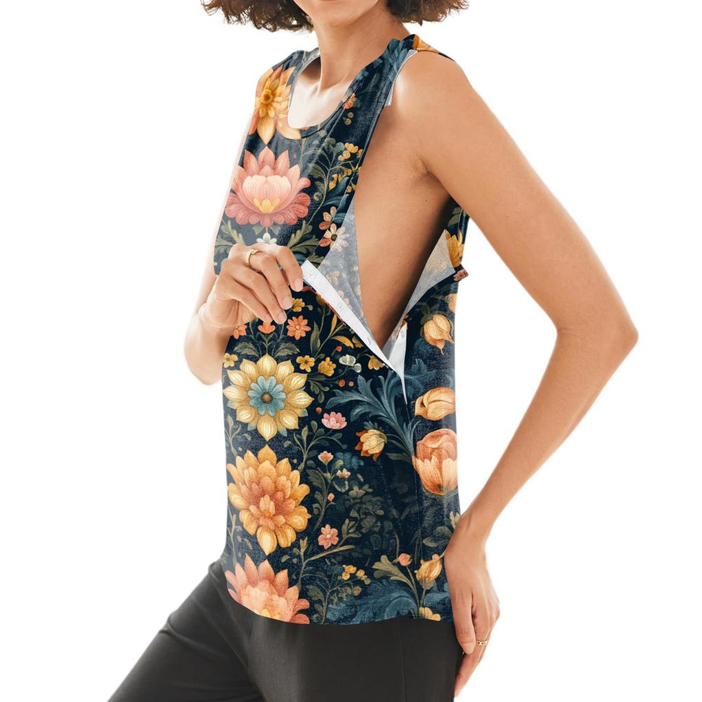 Women Shoulder Surgery Shirt Sleeveless Floral Print Top with Snap Buttons and Tear-Away Design Medical Recovery Apparel