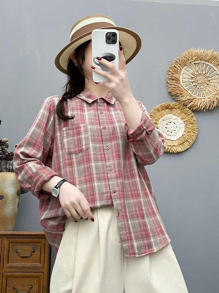 Women's Autumn Plaid Double-Layer Long-Sleeve Cotton Shirt - Japanese Style, Soft, Skin-Friendly, Breathable