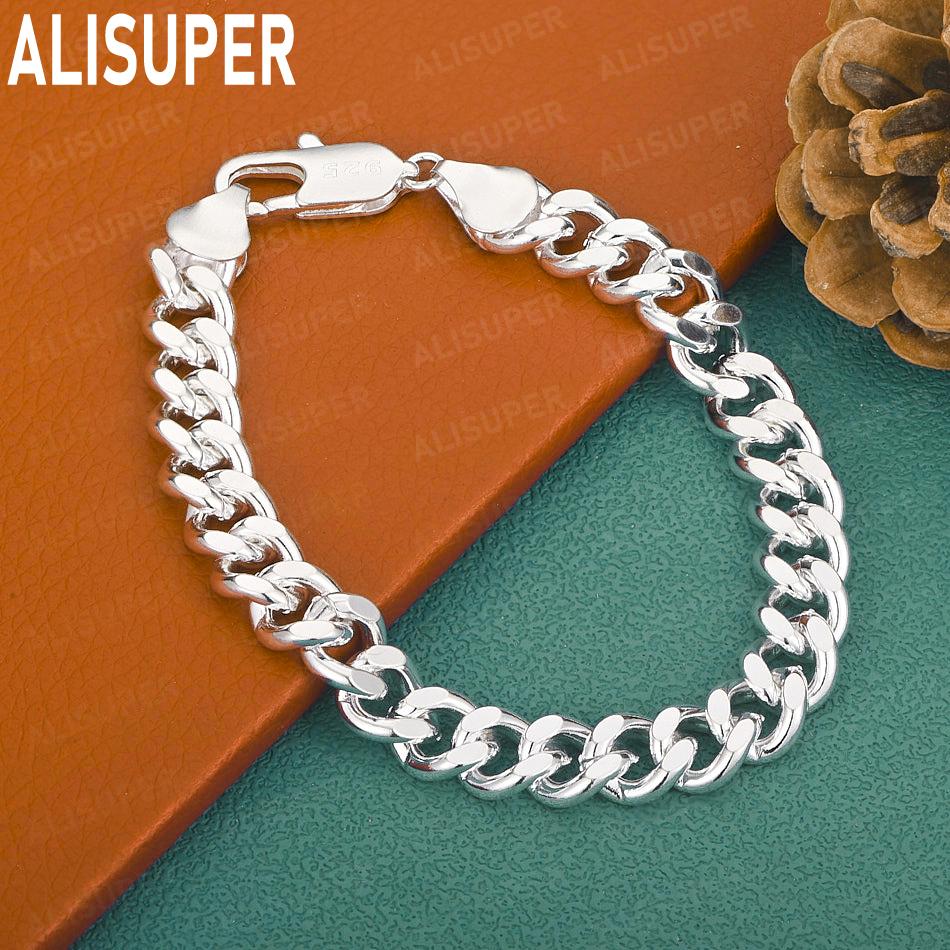 925 Sterling Silver 10mm Twisted Connected Side Chain Simple Bracelet Gift Jewelry 20CM