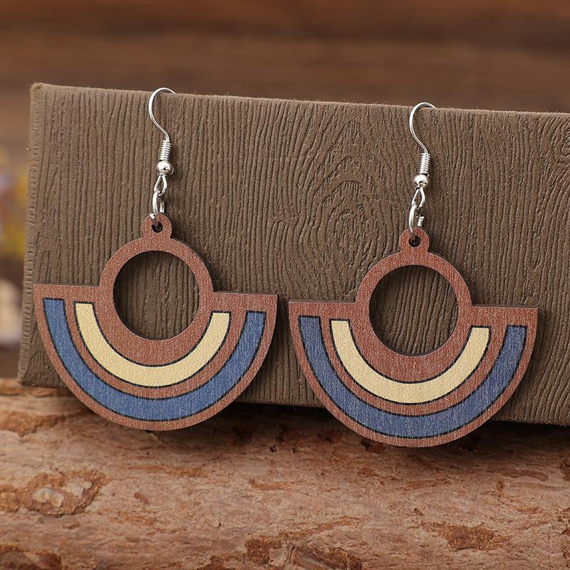 Vintage Round Inlaid Hollow Blue Color Wooden Leather Earrings Geometric Creativity Silver Color Dangle Earrings for Women