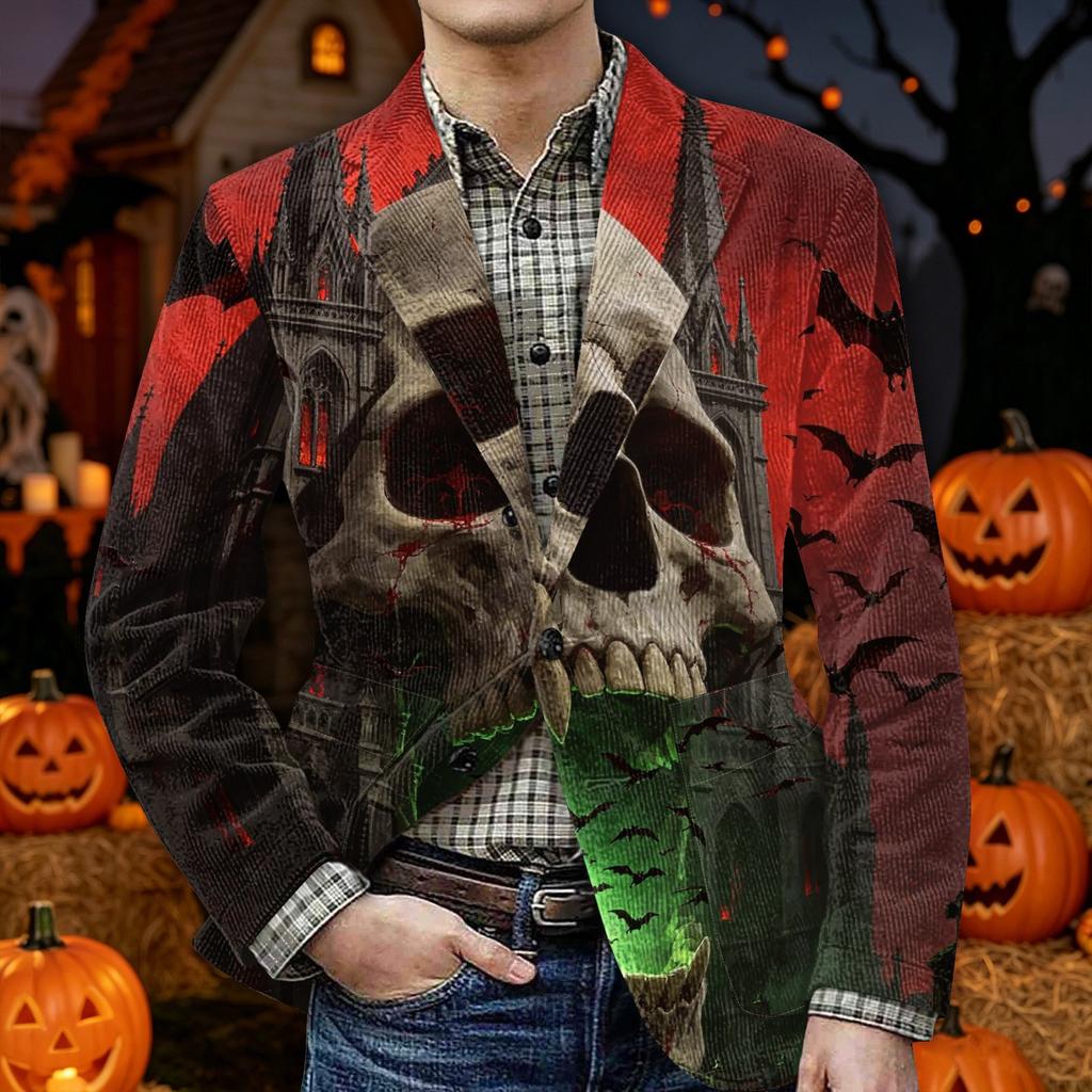 Men's Halloween Print Corduroy Warm Blazer Jacket with Pockets Casual Suit Coat Long Sleeve Button Front Outerwear for Fall