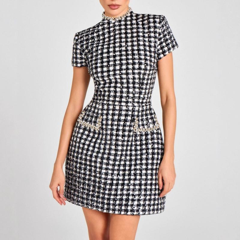 

Women s Elegant Slim-Fit O-Neck Beaded Plaid Dress XL чорний