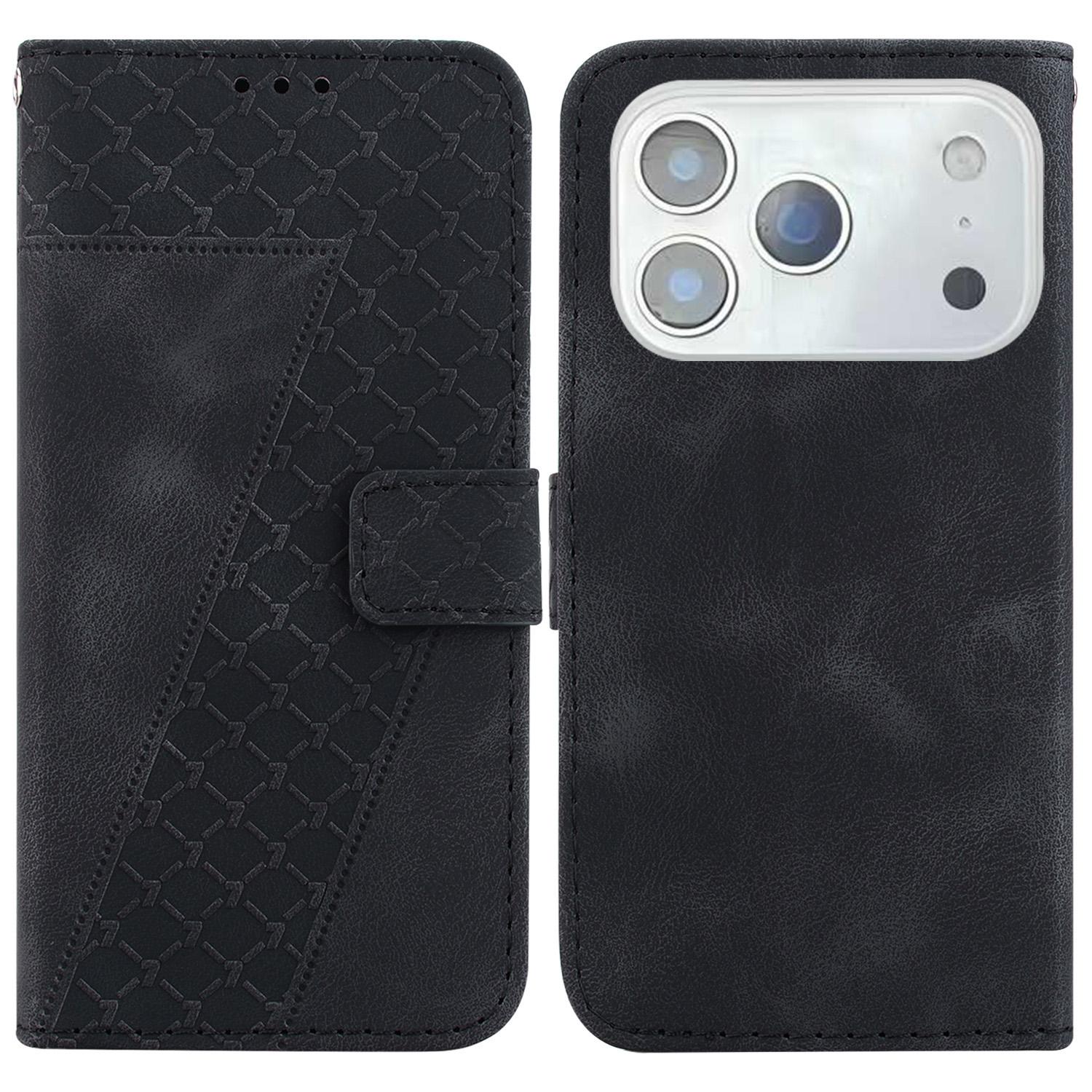 

For iPhone 17 Pro Max Stand Case 7-Shaped Pattern Imprint Leather Phone Cover with Strap Black