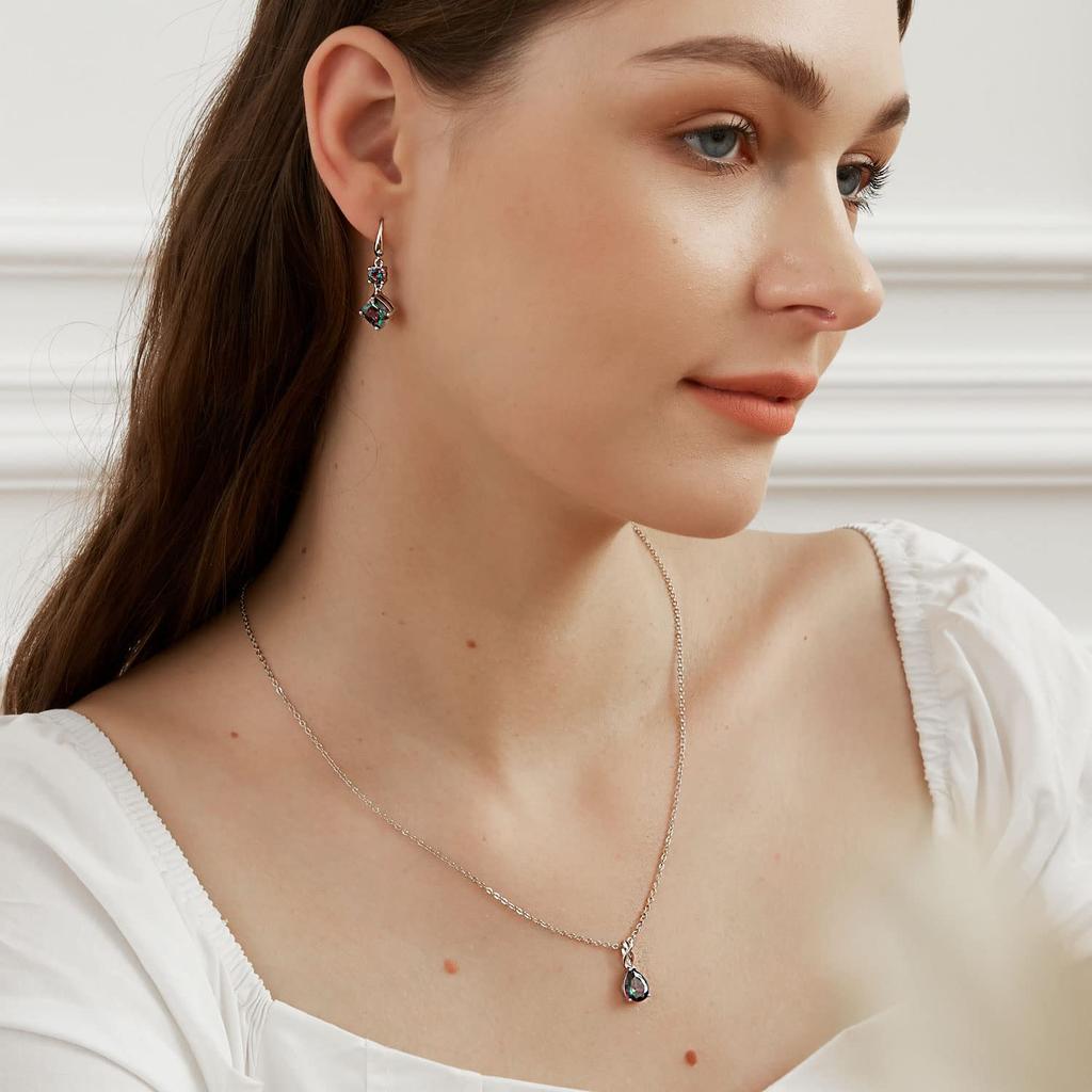 VOLUKA Weißer Feueropal Anhänger Halskette für Damen, Edelstein, Geburtsstein, Schmuck Geschenk für Mädchen…, Messing, Künstlicher Regenbogenquarz