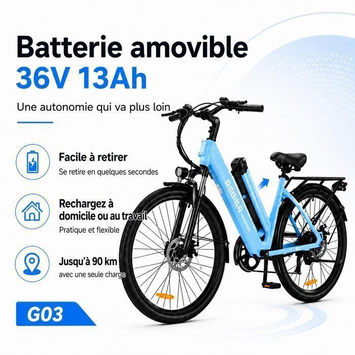 GEBIKE G03 - Elektrische Fiets 26" - Motor 250W - Batterij 36V 13Ah - 90Km Max - Shimano 7 versnellingen - 25Km/u - Blauw