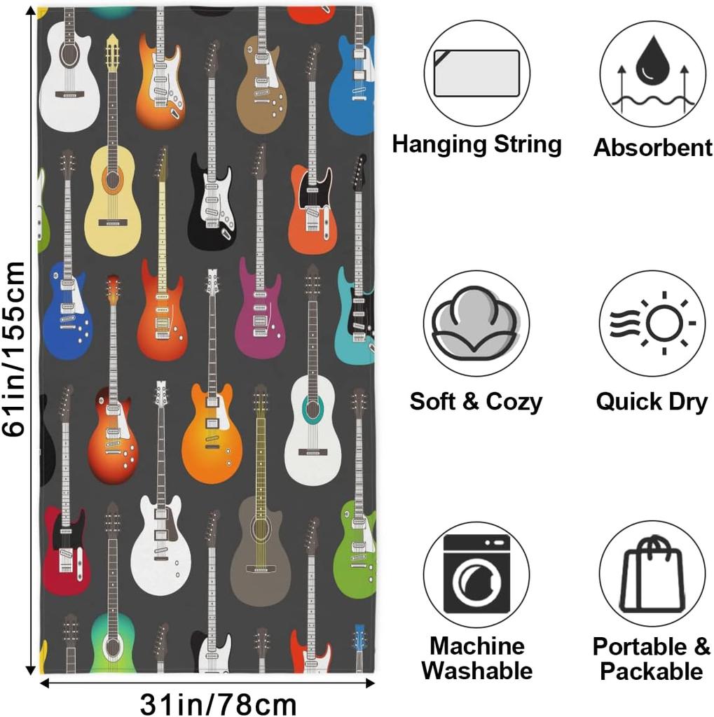 Microfiber Colorful Guitar Bass Thick Beach Towel Oversized, Quick Dry Bath Towel Large, Absorbent Bathroom Towel for Women, Men