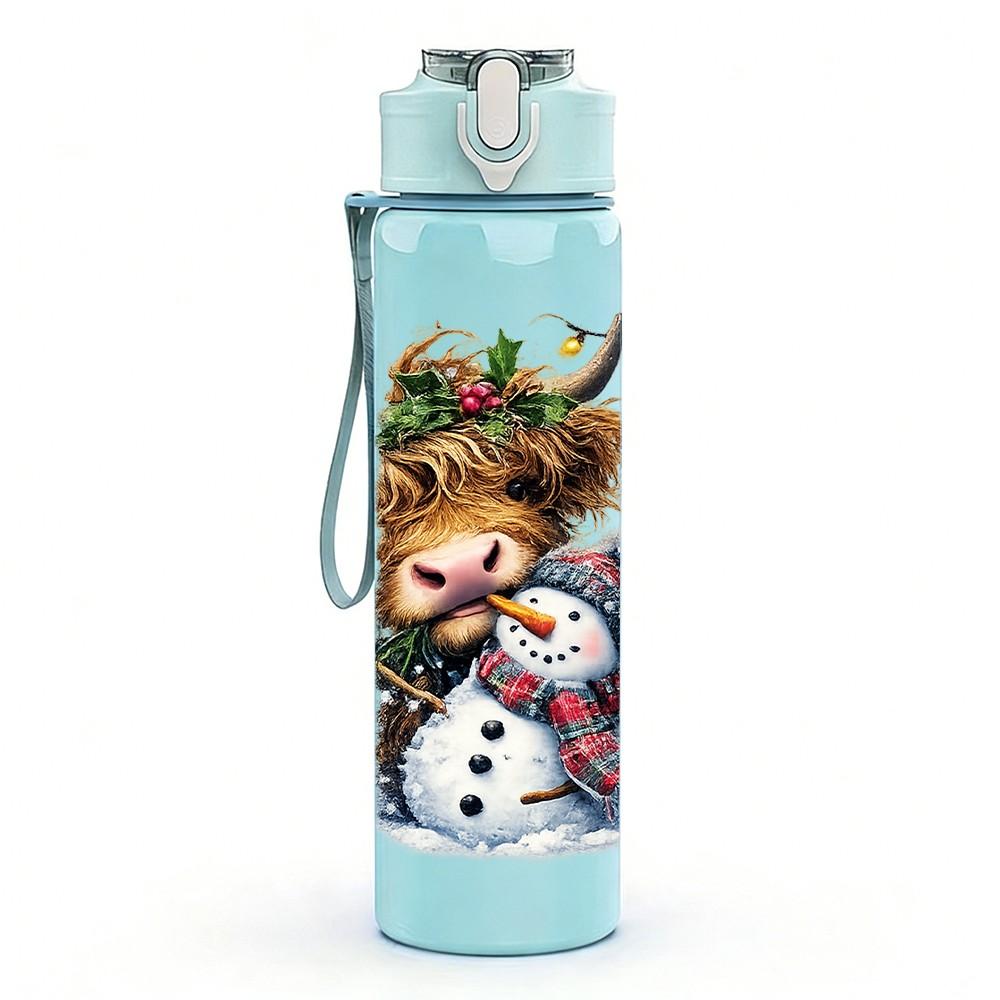 1PC Bear Snow Winter Christmas Cartoon 750ml Color Plastic Sports Water Bottle Leakproof Flip Straw Lid Suitable for Sports Office Home Use