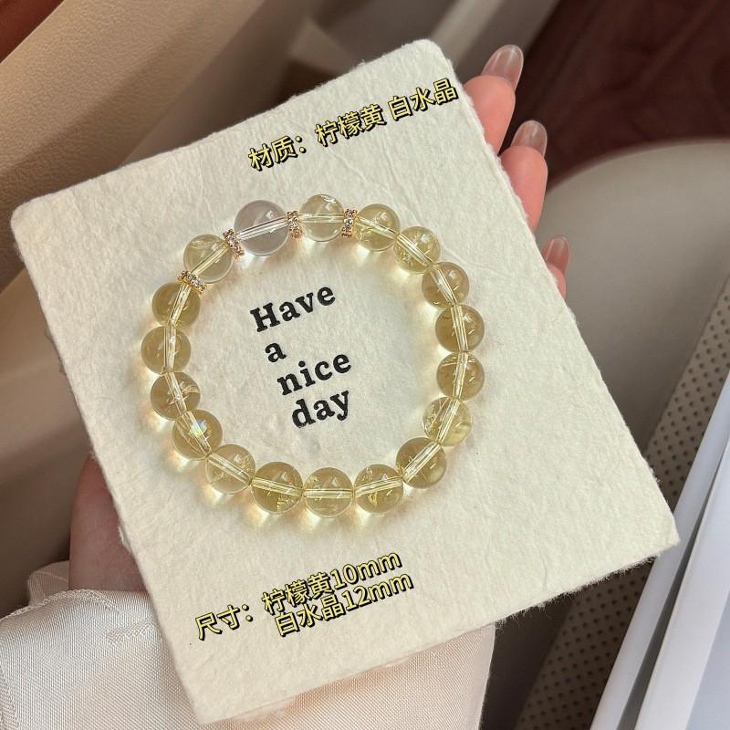Handmade Natural Citrine Clear Quartz Beaded Bracelet Women Fresh Style Single Circle Design