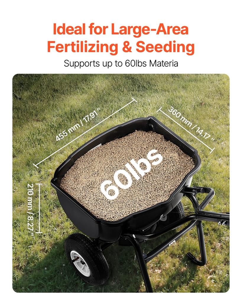 Walk Behind Spreader, 60LBS Capacity, Push Spreader with Hopper Grate, 0-9.8 Ft Spreading Width, 8 In All Terrain Pneumatic Tires, Garden & Lawn