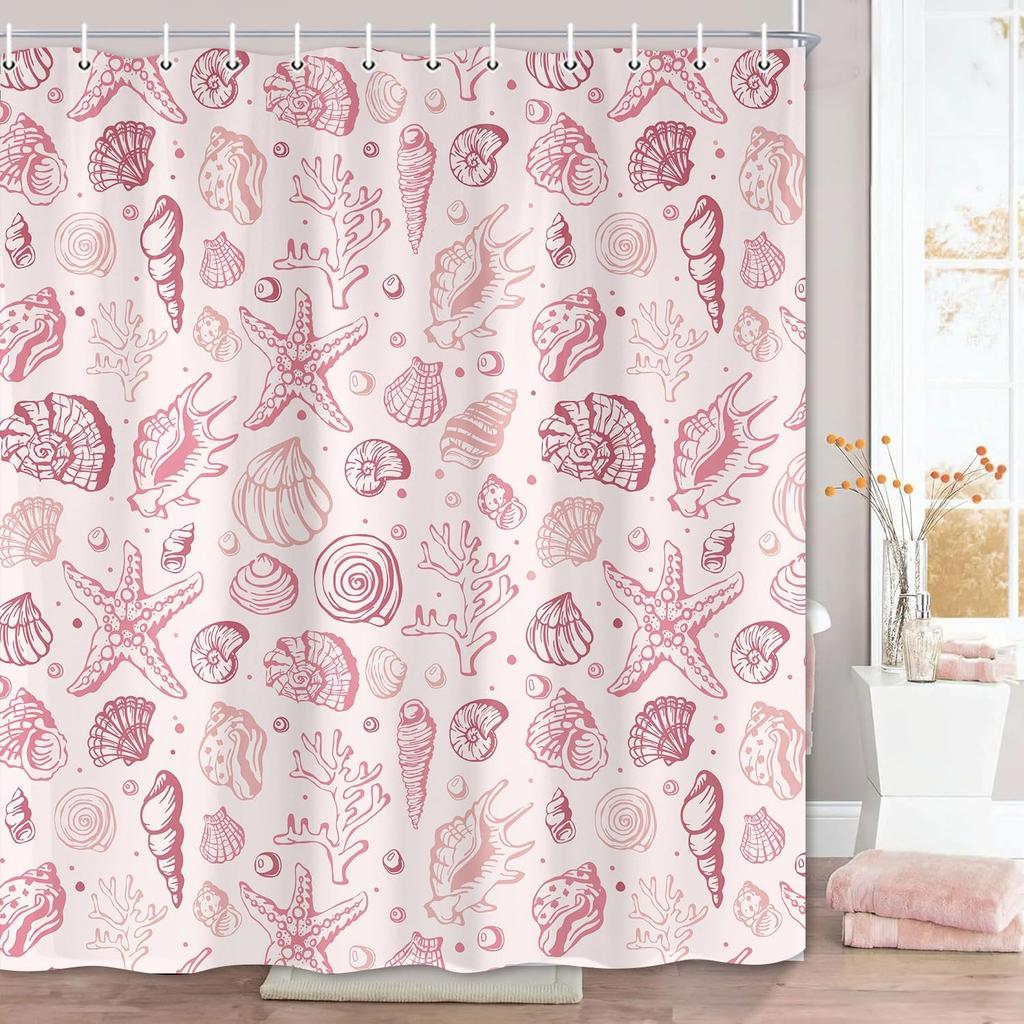 Summer Beach Seashell Shower Curtain,Pink Kids Shower Curtain Set,Nautical Ocean Coastal Shower Curtain,Fabric Shower Curtains for Bathroom 70X70in