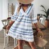 2025 new European and American vacation style V-neck bohemian print lace edge dress women's short-sleeved loose A