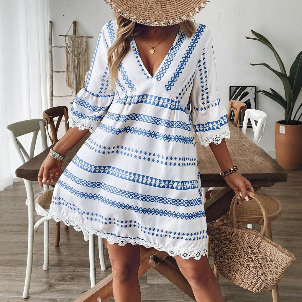 2025 new European and American vacation style V-neck bohemian print lace edge dress women's short-sleeved loose A
