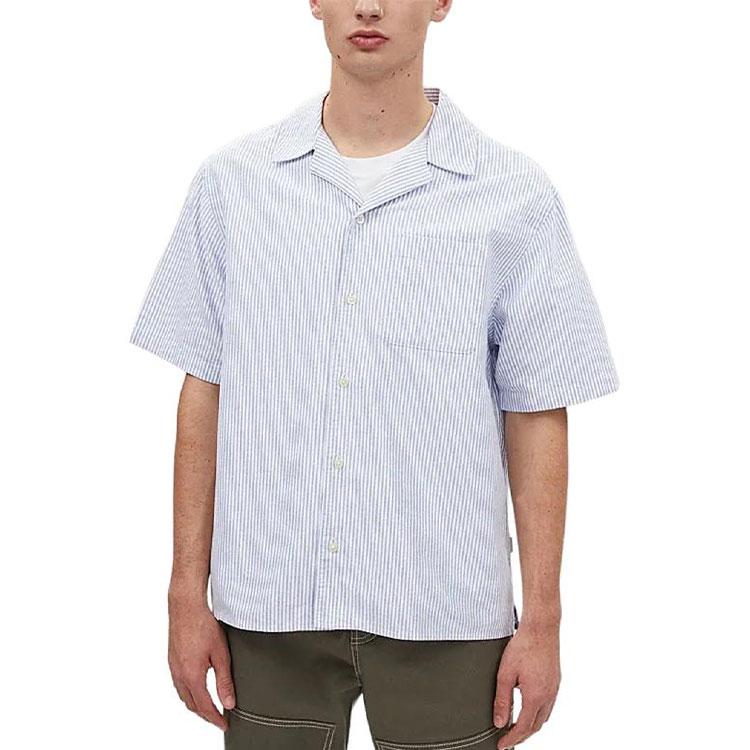 Coach SS24 Striped Cuban Collar Single-Breasted Short Sleeve Shirt Men Shirts Blue CR481-BLM