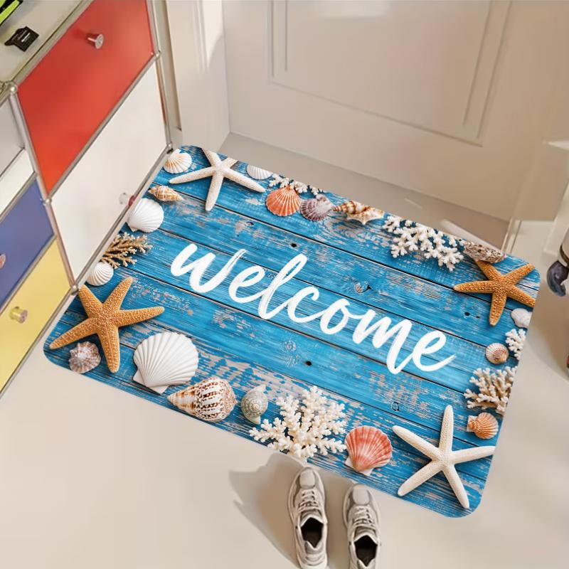 Blue Starfish Seashell Beach Sand Non Slip Doormat Coastal Nautical Summer Front Entrance Rug Indoor Outdoor Home Floor Decor