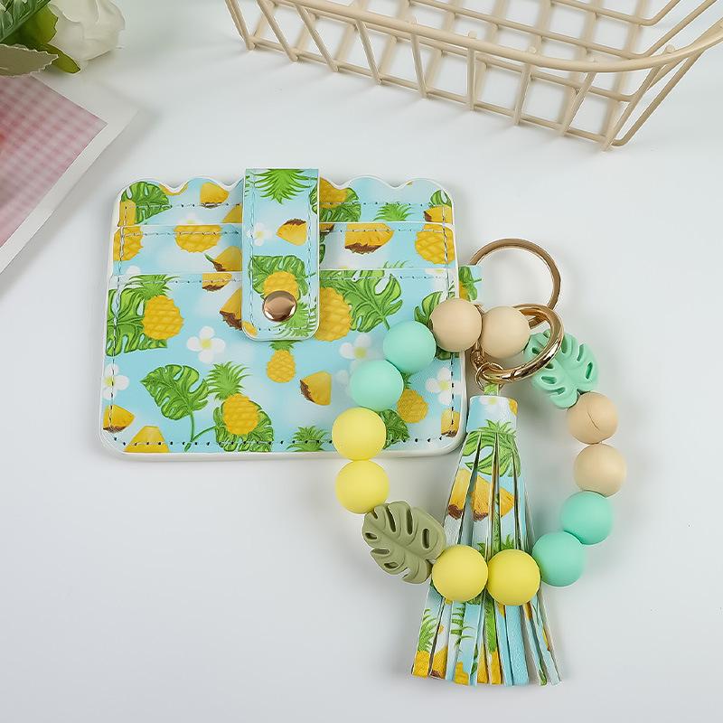 Fruit Print PU Card Holder with Beaded Keychain & Bracelet Wallet