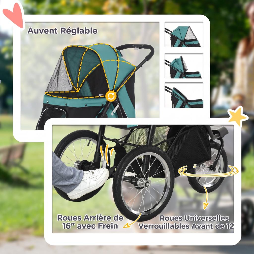 Folding Dog Stroller, All-Terrain, Adjustable Canopy, 111 x 58 x 107 cm, Dark Green