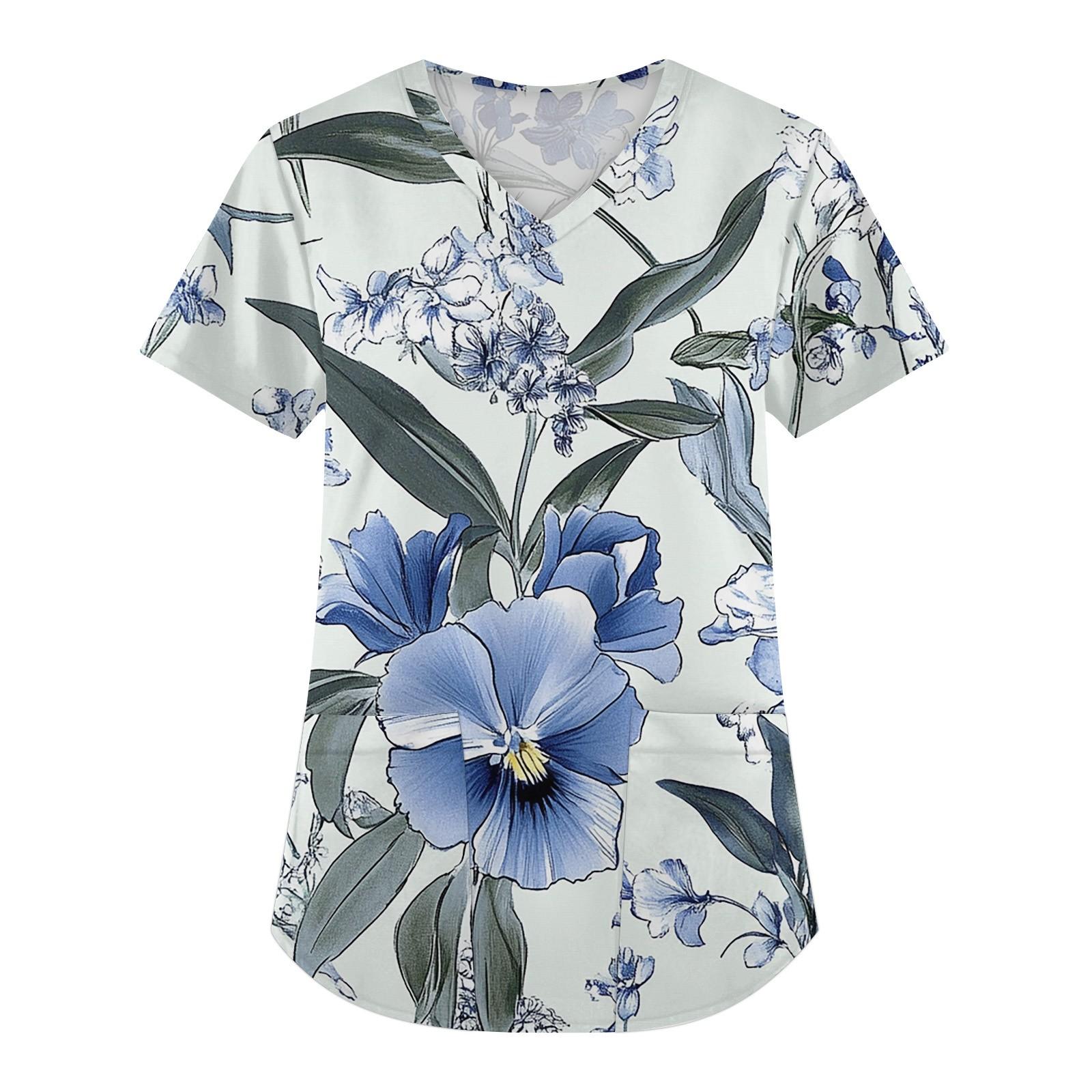 

Женская мода с коротким рукавом и V-образным вырезом с карманами и цветочным принтом Топы Одежда XXXXXL