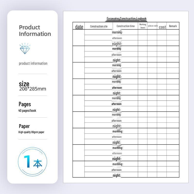 Customizable A4 Excavator Construction Logbook & Settlement Form
