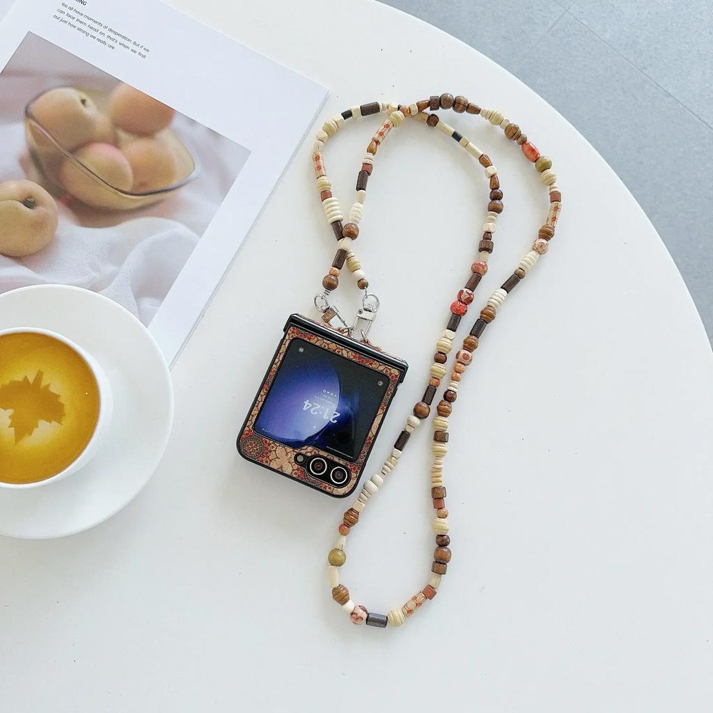 Retro Floral Prints Crossbody Lanyard PU Leather Cover with Glitter Bead for Samsung Galaxy Z Flip 6 5 4 3 Phone Case