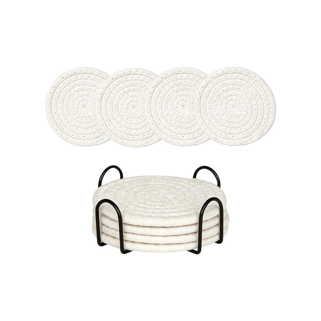 Set of 6 Round Woven Coasters with Holder Durable Braided Straw Material for Home Kitchen Table Protection Drinkware Mats