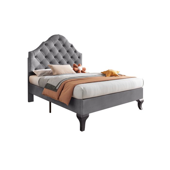 Čalouněná postel - MUVOE - 90x200 cm - Šedý samet - Nastavitelné čelo - Lamelový rošt