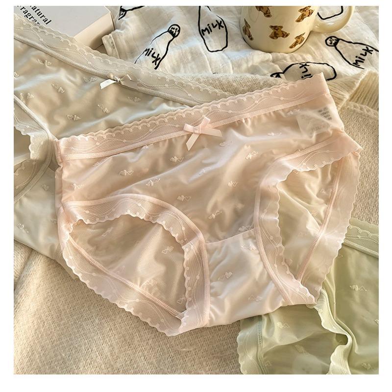 Women Mid Waist Ice Silk Lace Solid Color Antibacterial Crotch Comfortable Ladies Panties