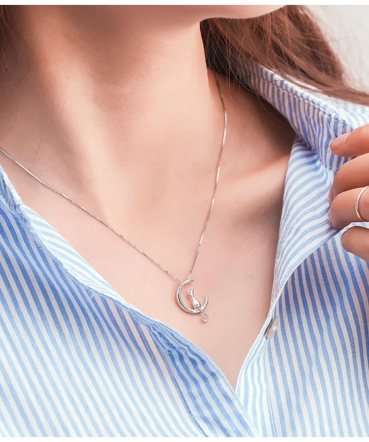 925 Silver moon cat Necklaces Pendant Silver Jewelry Statement for Women Bijoux