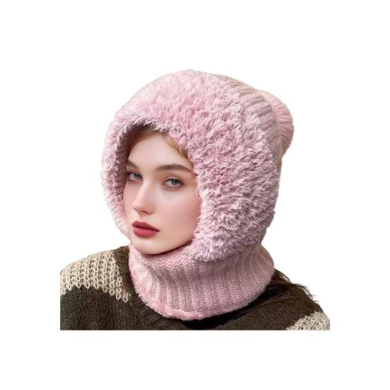 

Шапка с гибким регулируемым защитным экраном для лица, однотонная, с плюшевым помпоном, утолщенный флис розовый