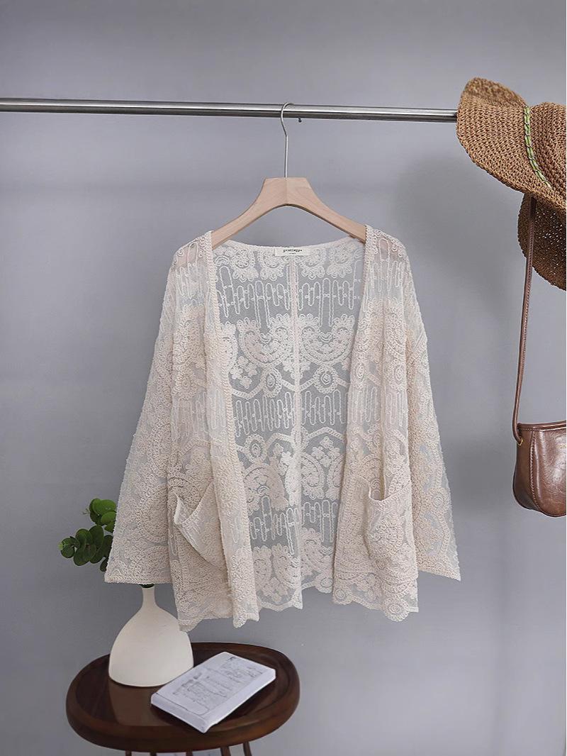 

Летний кардиган-шаль с длинным рукавом, из французского кружева крючком, повседневный, с защитой от солнца One Size бежевый