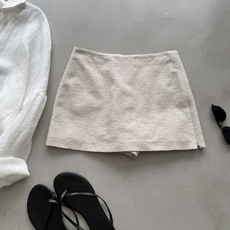 

Linen Loose Long sleeve Sun Protection V-neck Shirts Women s Suit Summer Temperament Double Layer Culottes + Shirt Commuter Set Short skirt XL