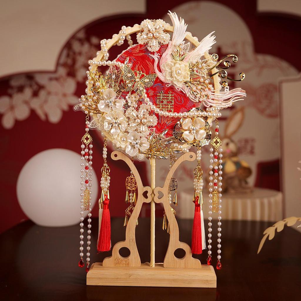 Long Handle Xiuhe Wedding Veil Fan - Handmade Double-Sided Round Fan Gift