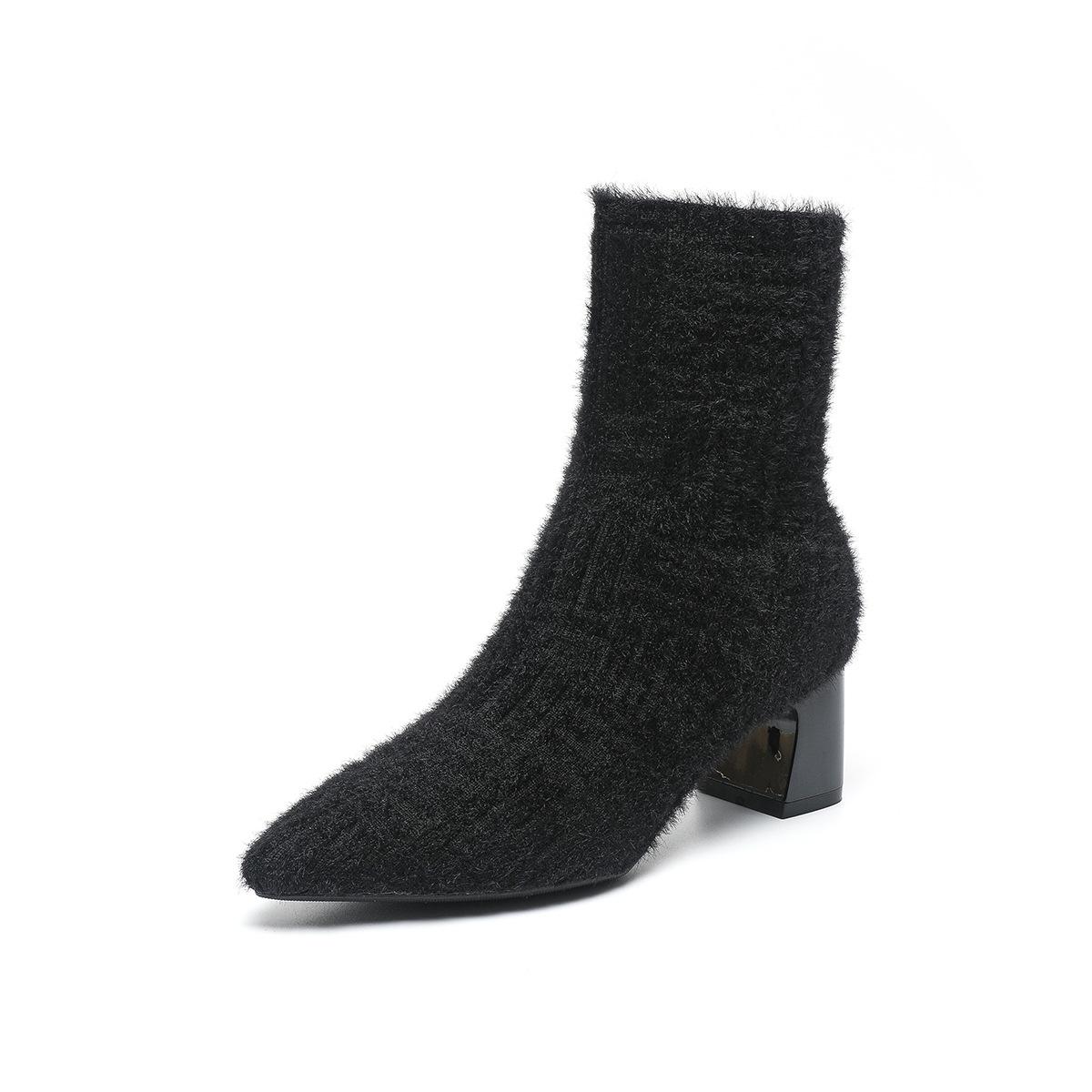 

Женские зимние теплые ботильоны-носки с острым носком на низком толстом блочном каблуке, эластичные ботинки без застежек, женские удобные вязаные ботинки «Челси» 43