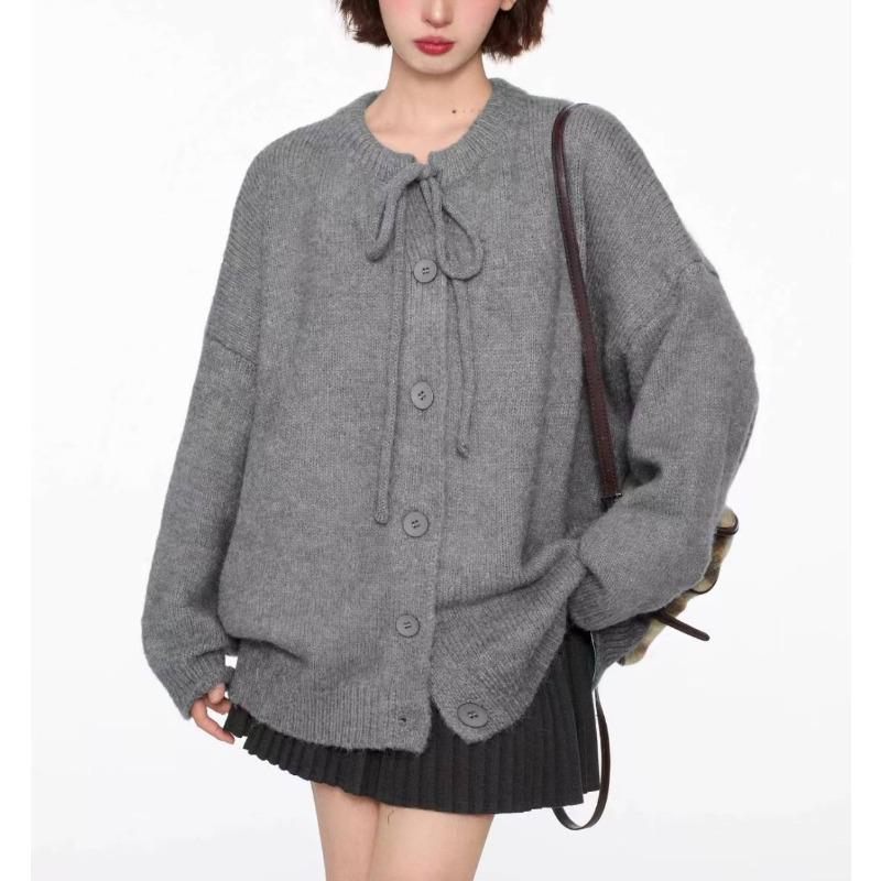 Autumn and Winter Retro Lace-up Sweater Jacket Women's Loose Lazy Style New Knitted Cardigan Top Women